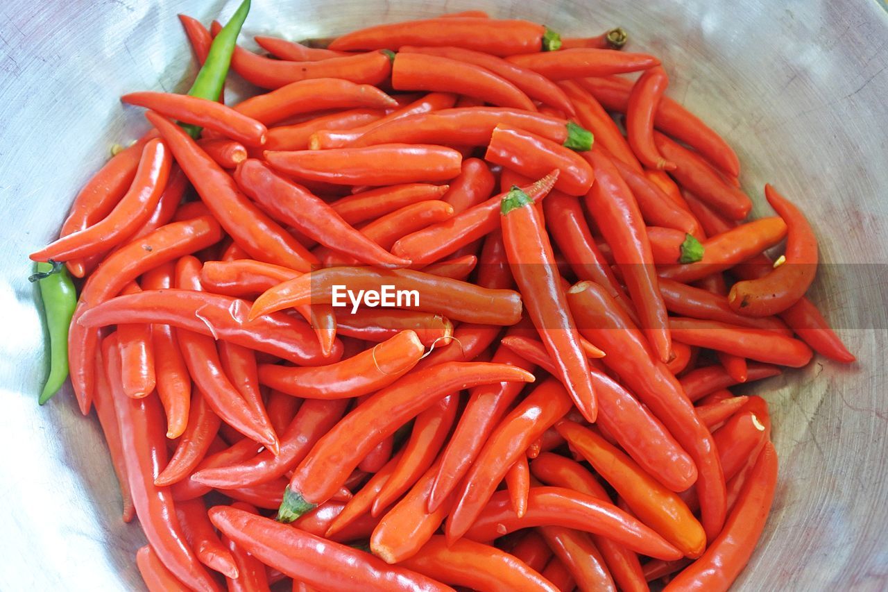 HIGH ANGLE VIEW OF RED CHILI PEPPERS IN CONTAINER