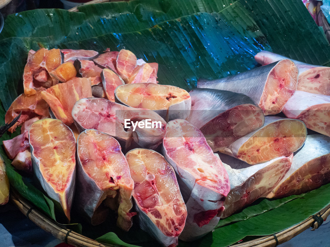 HIGH ANGLE VIEW OF FISH FOR SALE AT MARKET