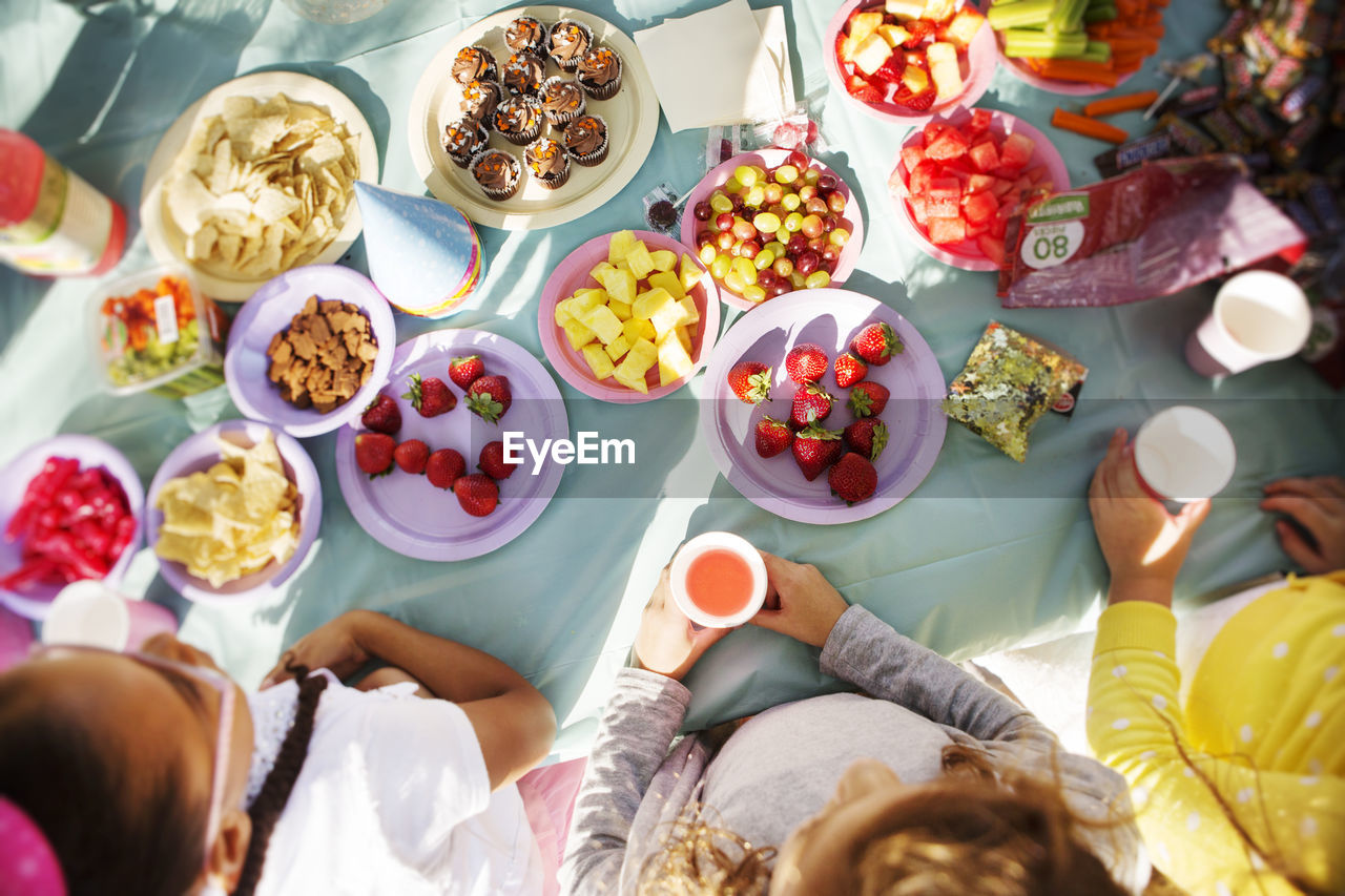 Overhead view of children eating at table in party