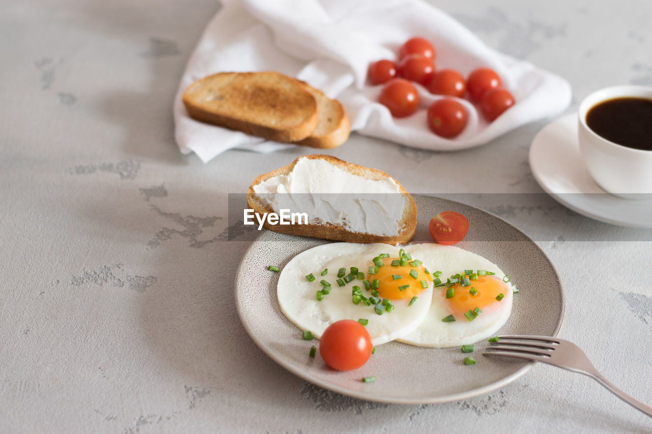 HIGH ANGLE VIEW OF BREAKFAST SERVED ON PLATE