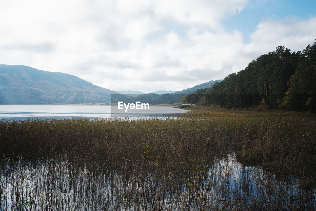 SCENIC VIEW OF LAKE AGAINST CLOUDY SKY