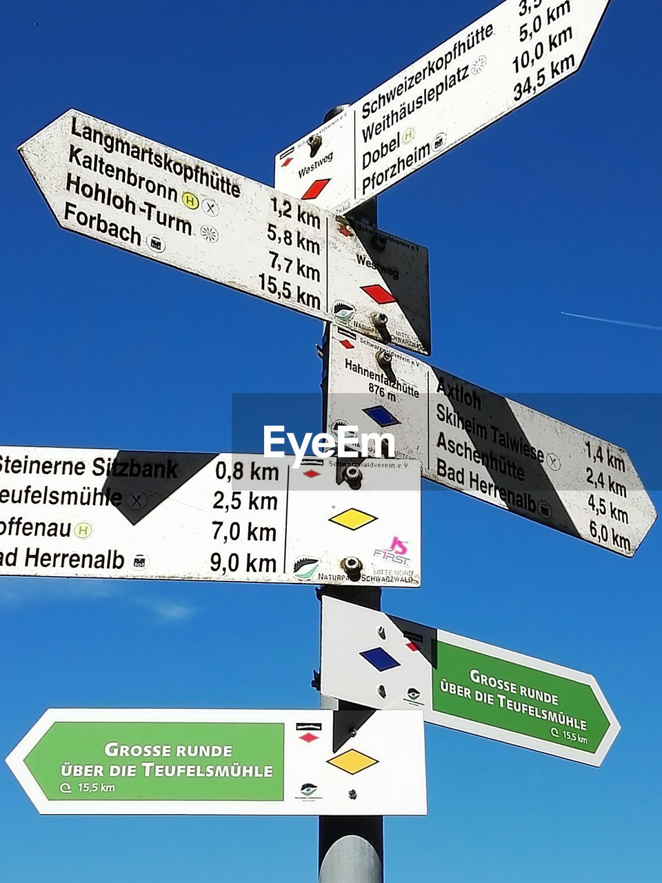 Low angle view of road sign against clear sky