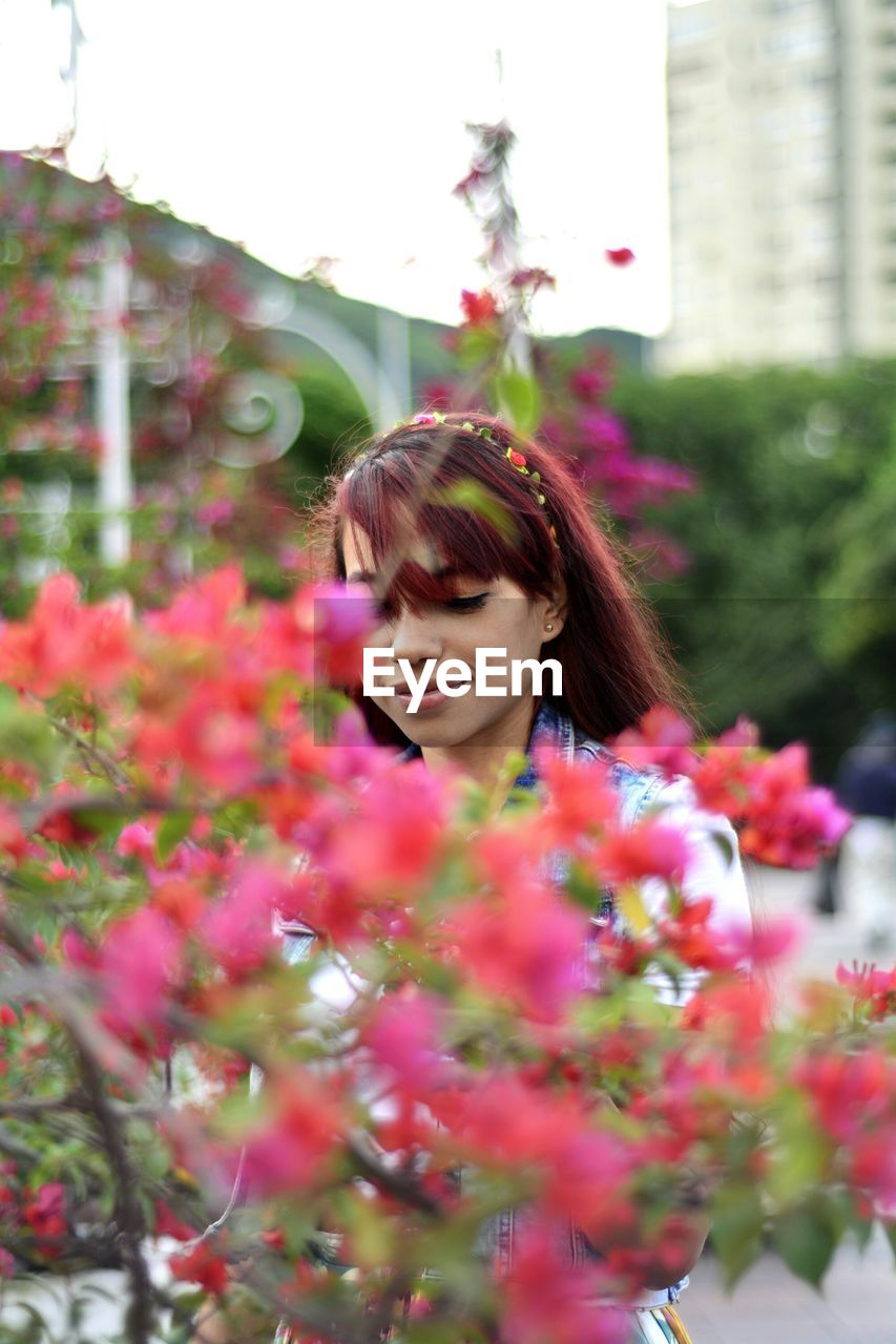 Beautiful woman standing by pink flowering plants