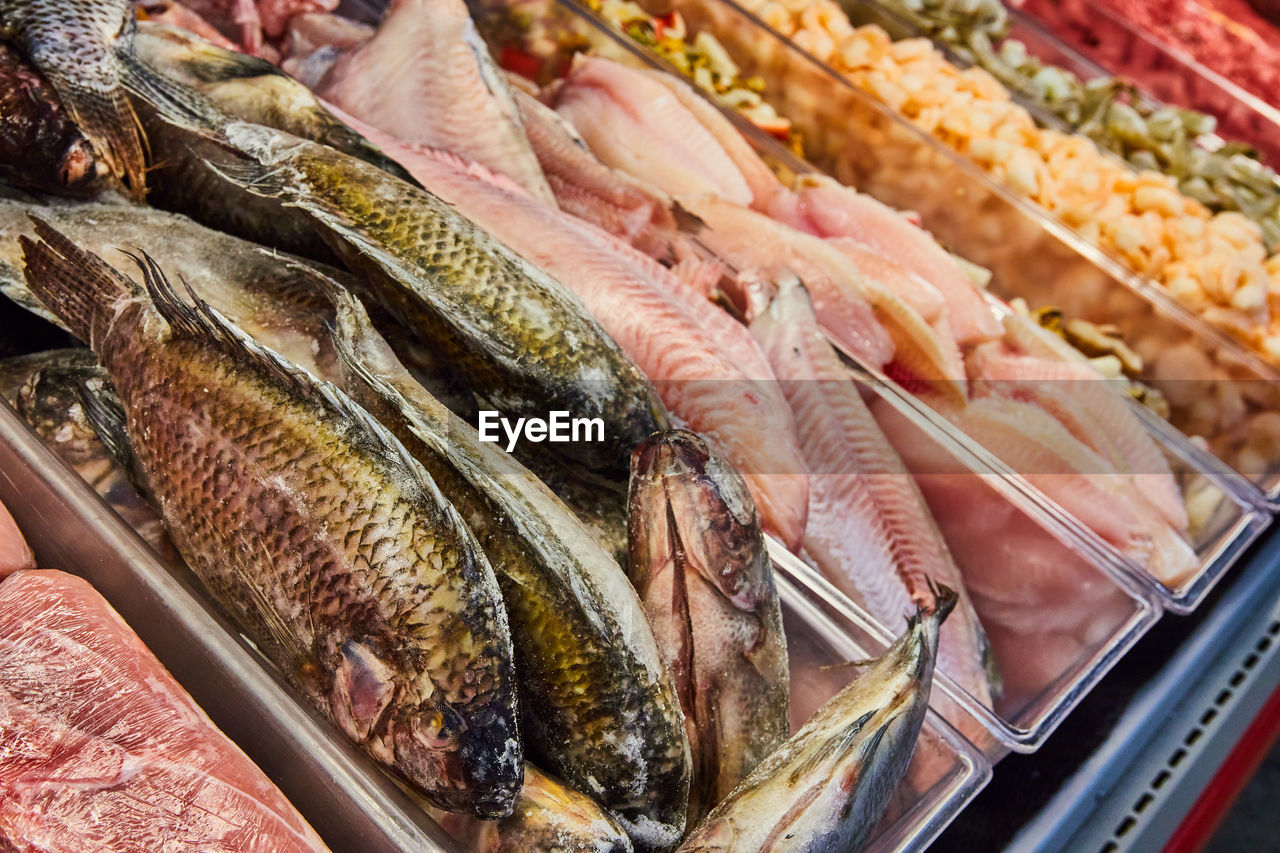 high angle view of fish for sale at market stall
