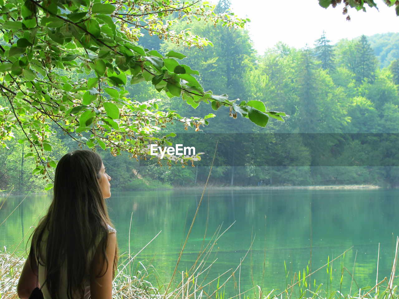 Rear view of woman standing by lake against trees