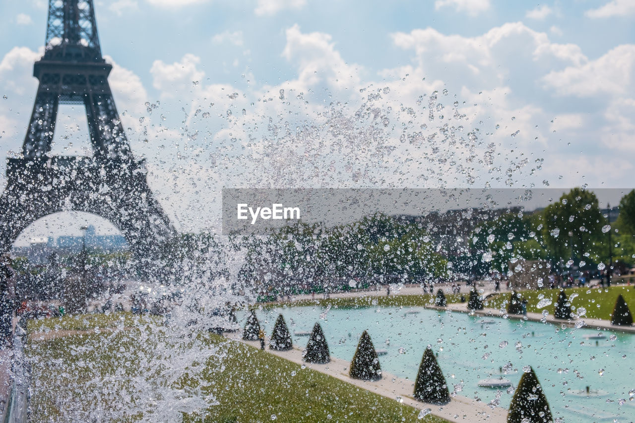 Fountains of trocadero against eiffel tower