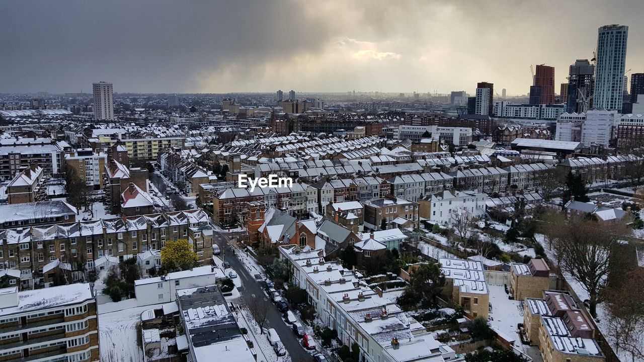 High angle view of cityscape during winter