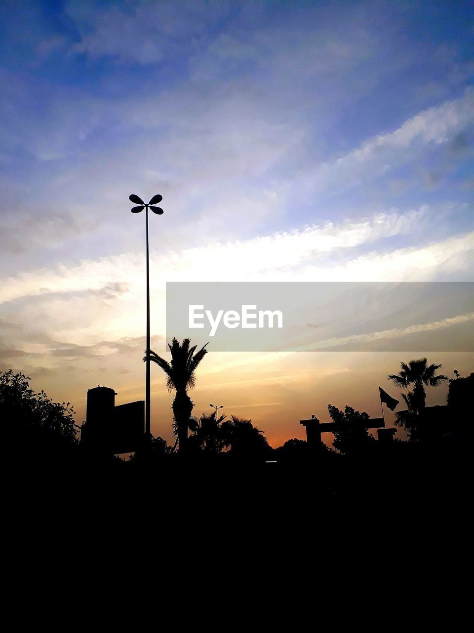 SILHOUETTE PALM TREES BY STREET AGAINST SKY AT SUNSET