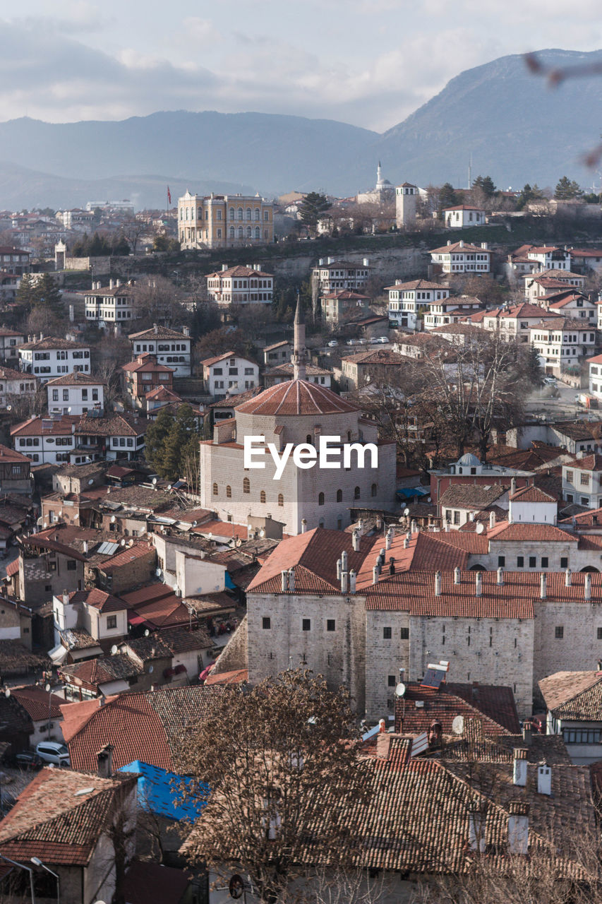 High angle view of townscape against sky