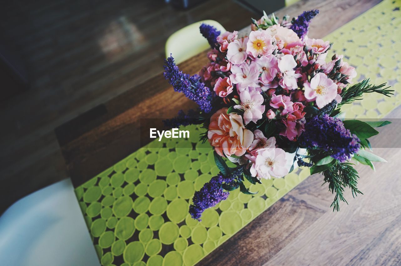 High angle view of flower bouquet on table