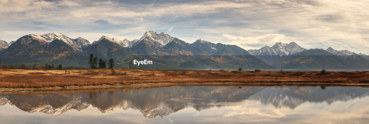 Reflection of snowcapped mountains in calm lake against sky