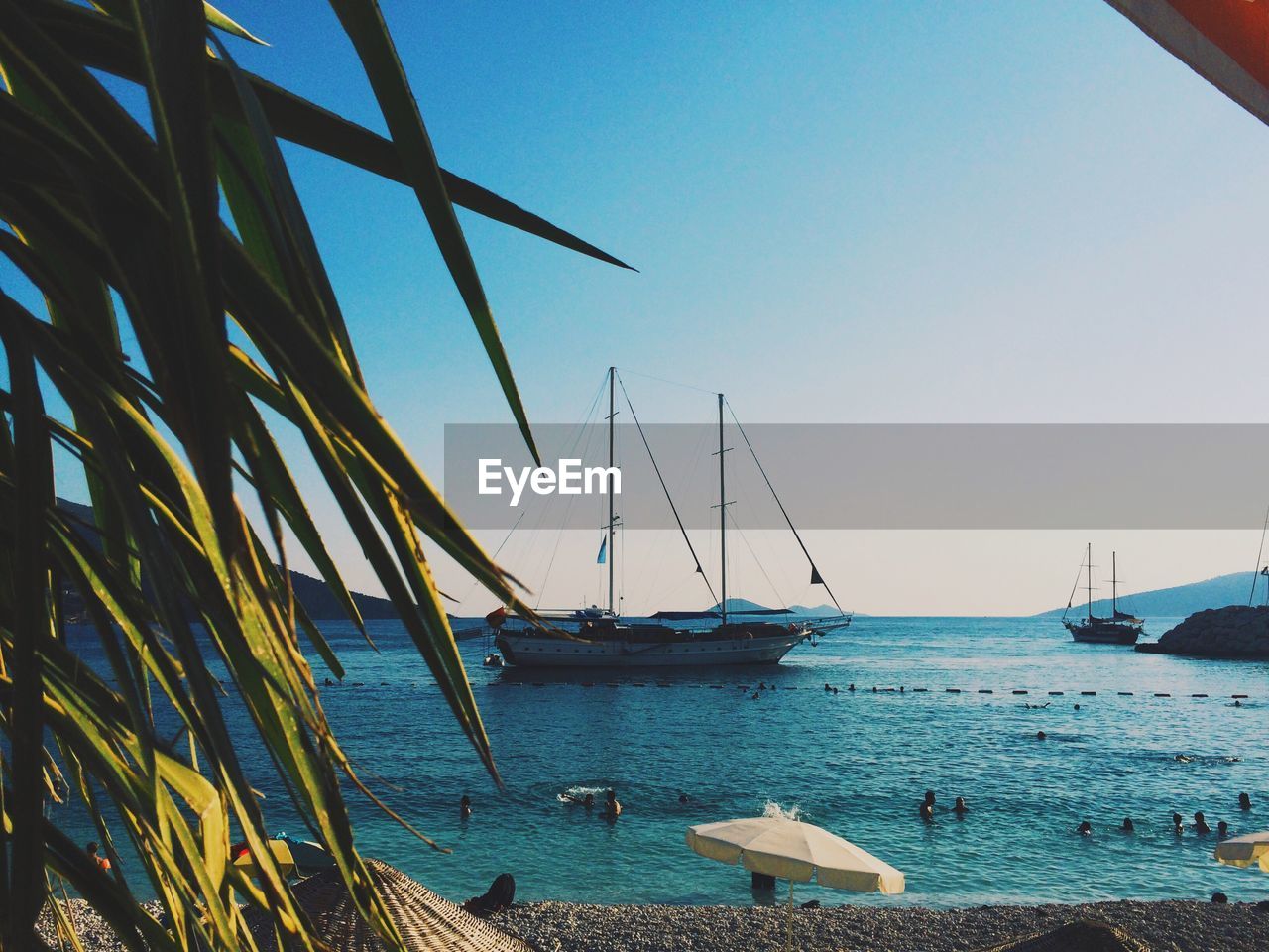 SAILBOATS MOORED ON SEA AGAINST CLEAR SKY