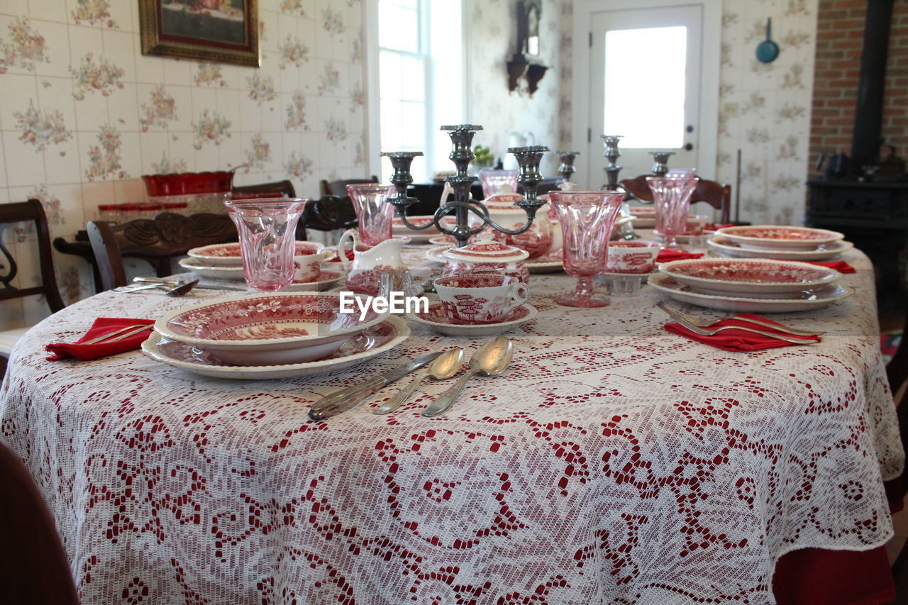 Plates on table at home