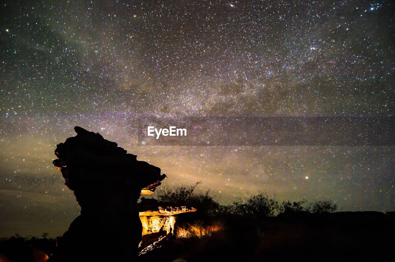 Low angle view of silhouette trees against sky at night