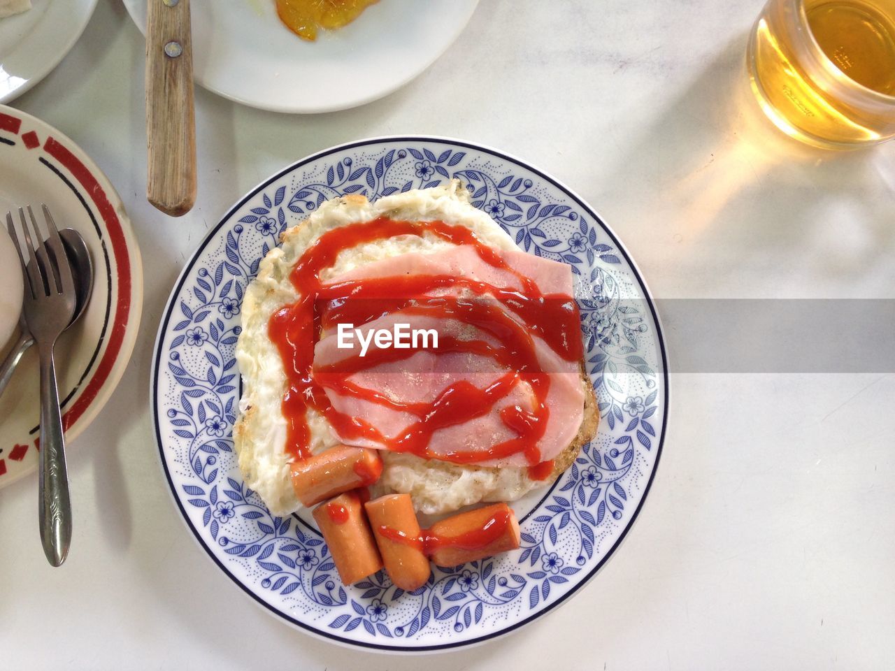 High angle view of food served on table