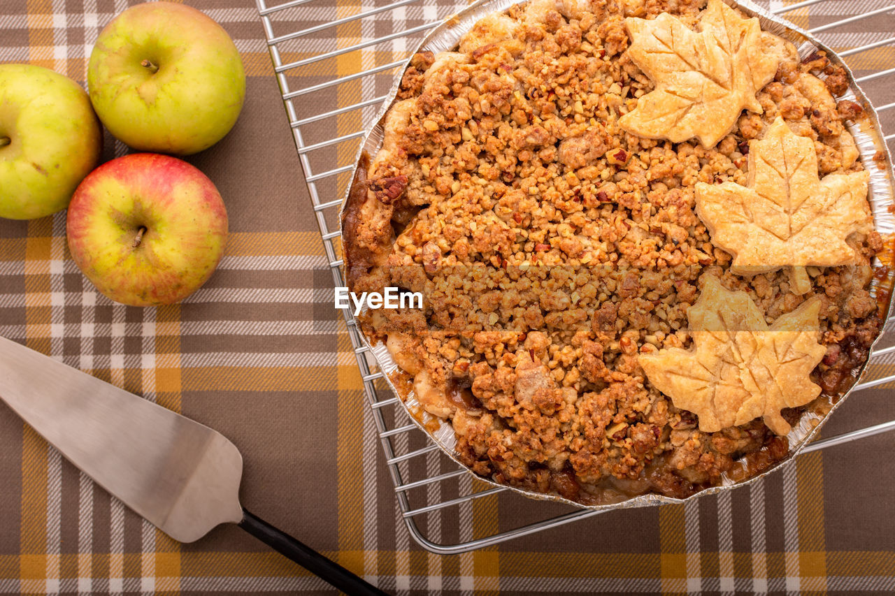 High angle view of apple pie on table