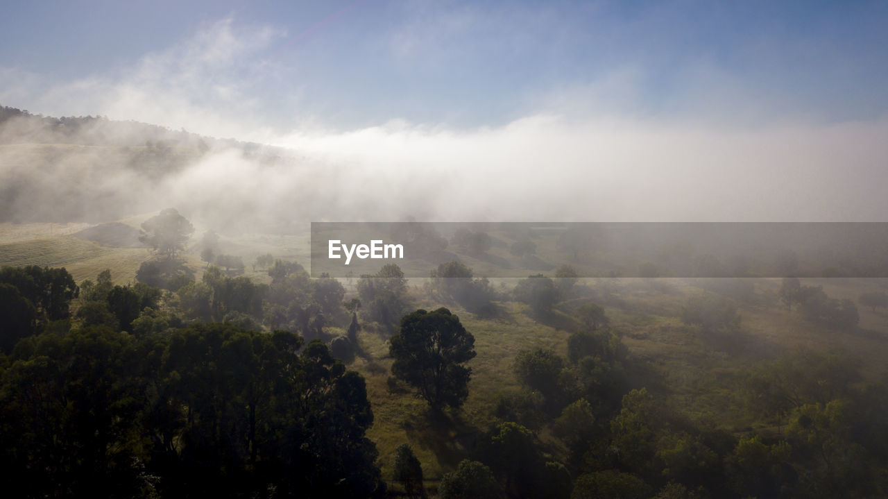 Scenic view of foggy weather against sky