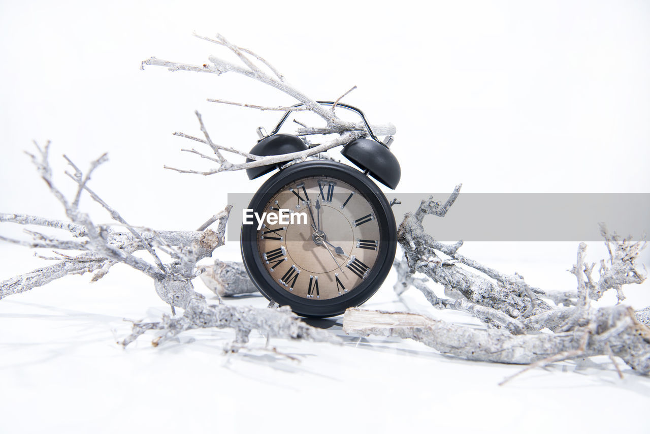 CLOCK ON SNOW COVERED LAND