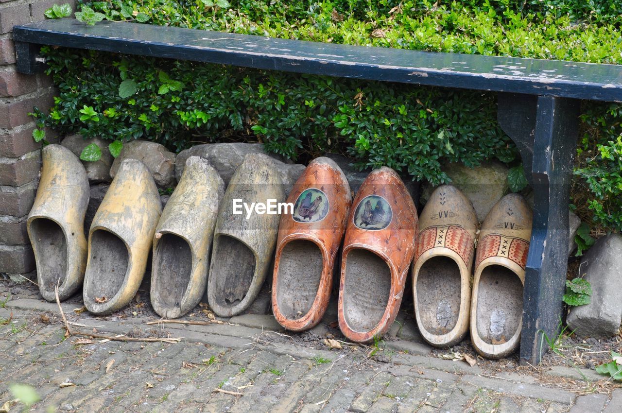 High angle view of wooden footwear