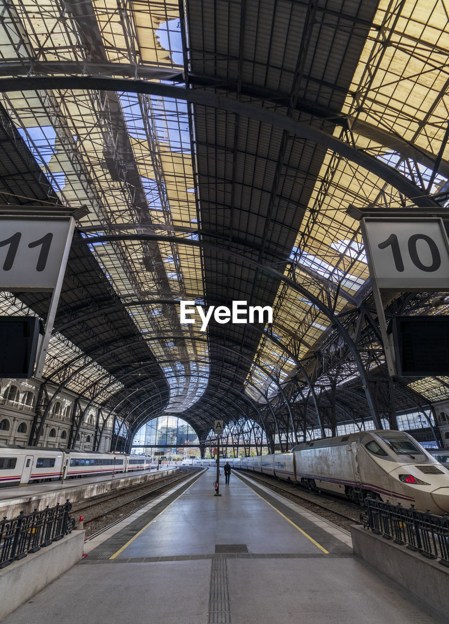 Trains on the platforms of a barcelona station with a fantastic roof