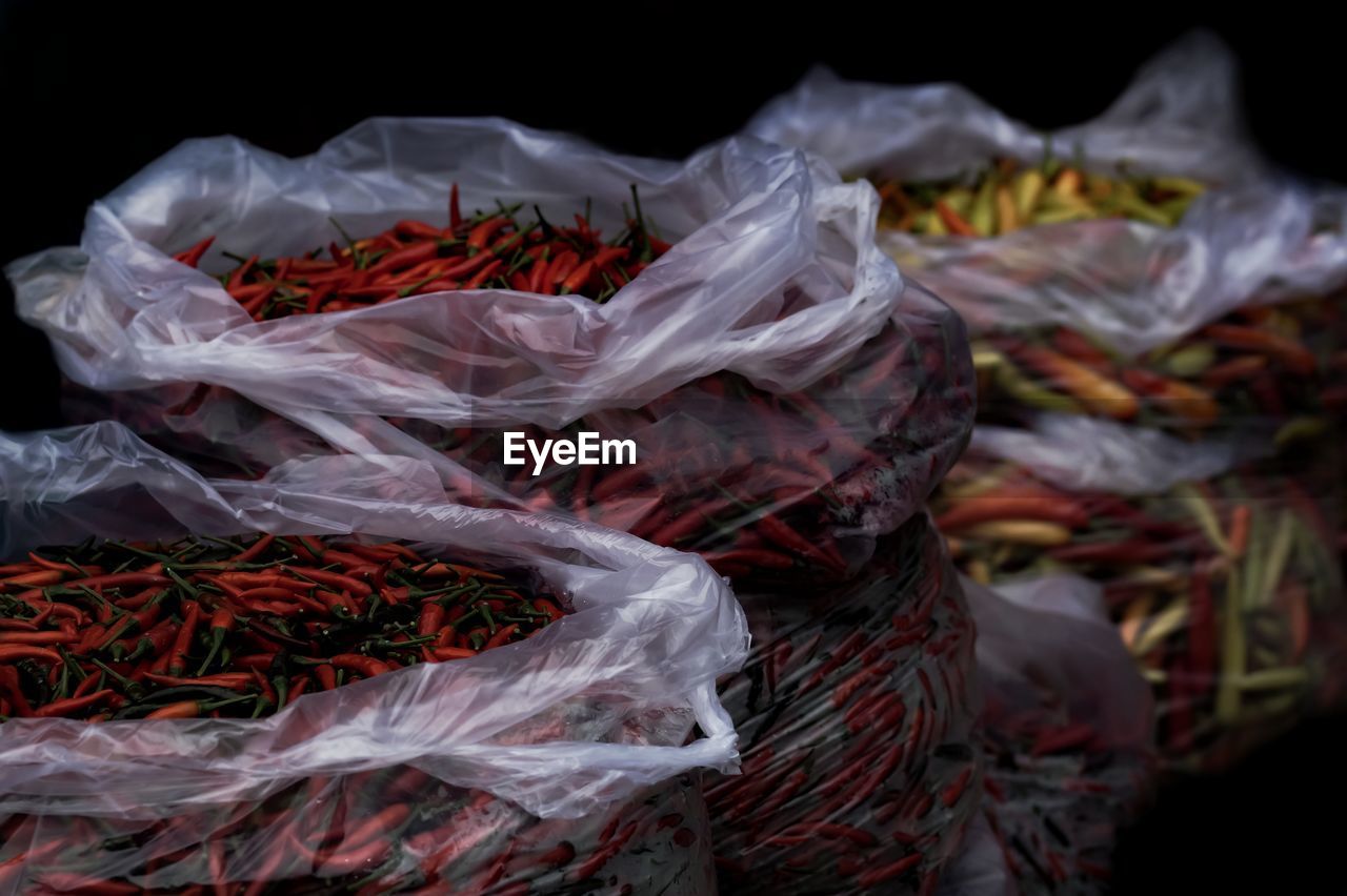 Close-up of chili peppers for sale at market