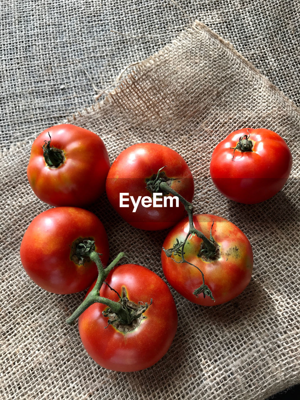 HIGH ANGLE VIEW OF TOMATOES AND VEGETABLES ON TABLE