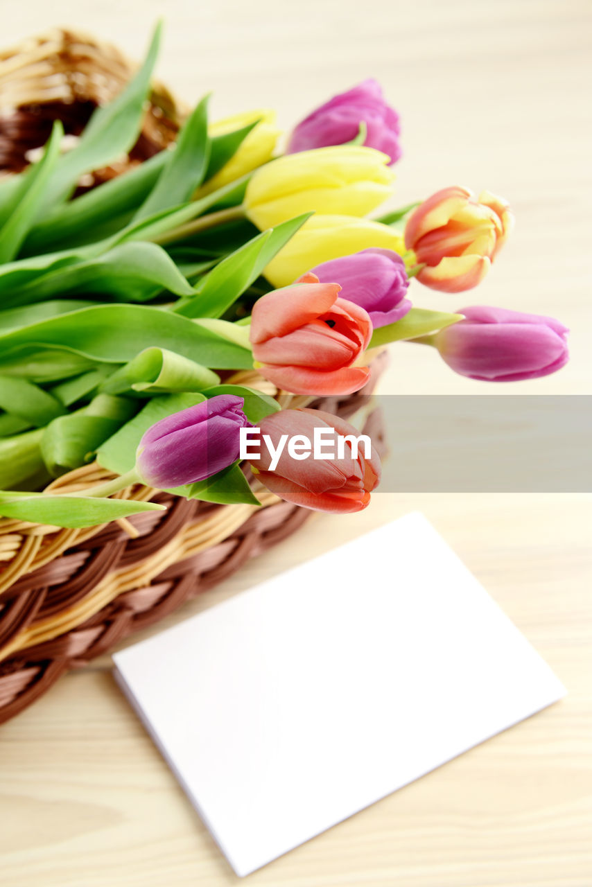 Close-up of tulips in basket with greeting card on table