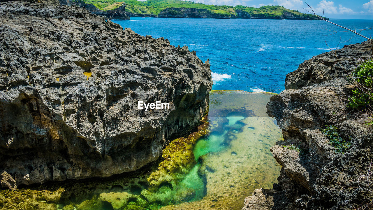 High angle view of sea by cliff