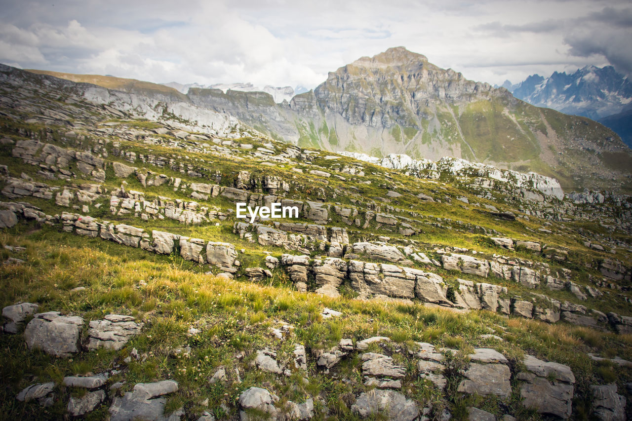 Scenic view of mountains and landscape against sky