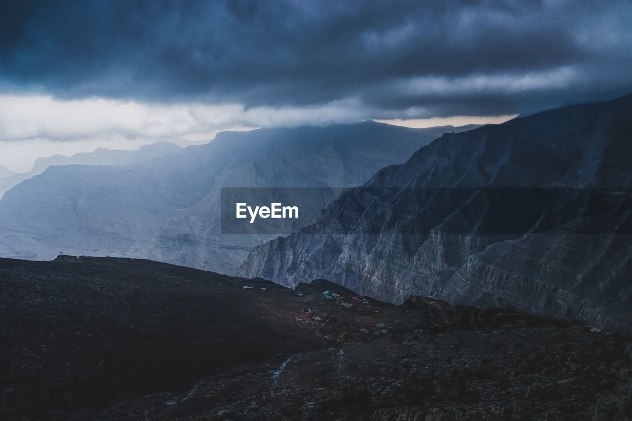 Scenic view of mountains against sky during winter