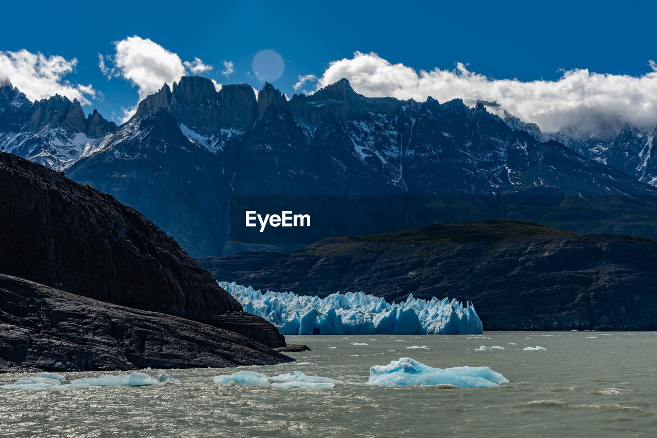 Scenic view of snowcapped mountains against sky