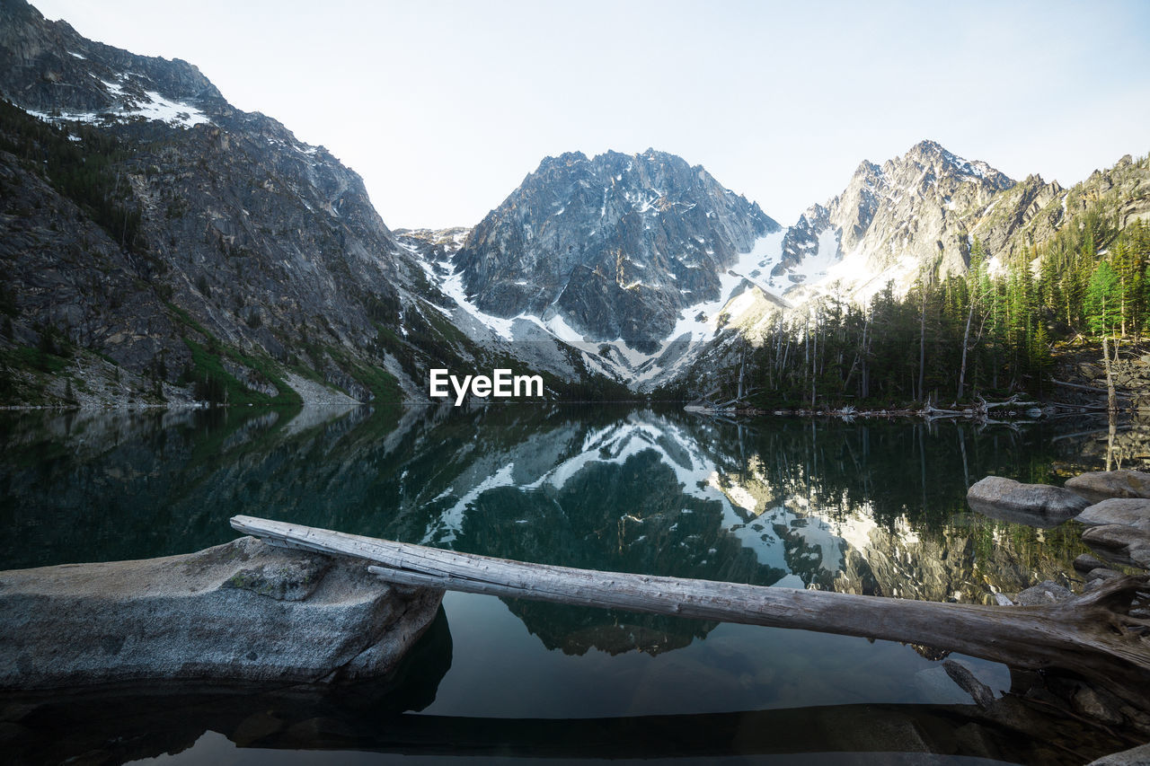 Scenic view of lake and mountains against sky