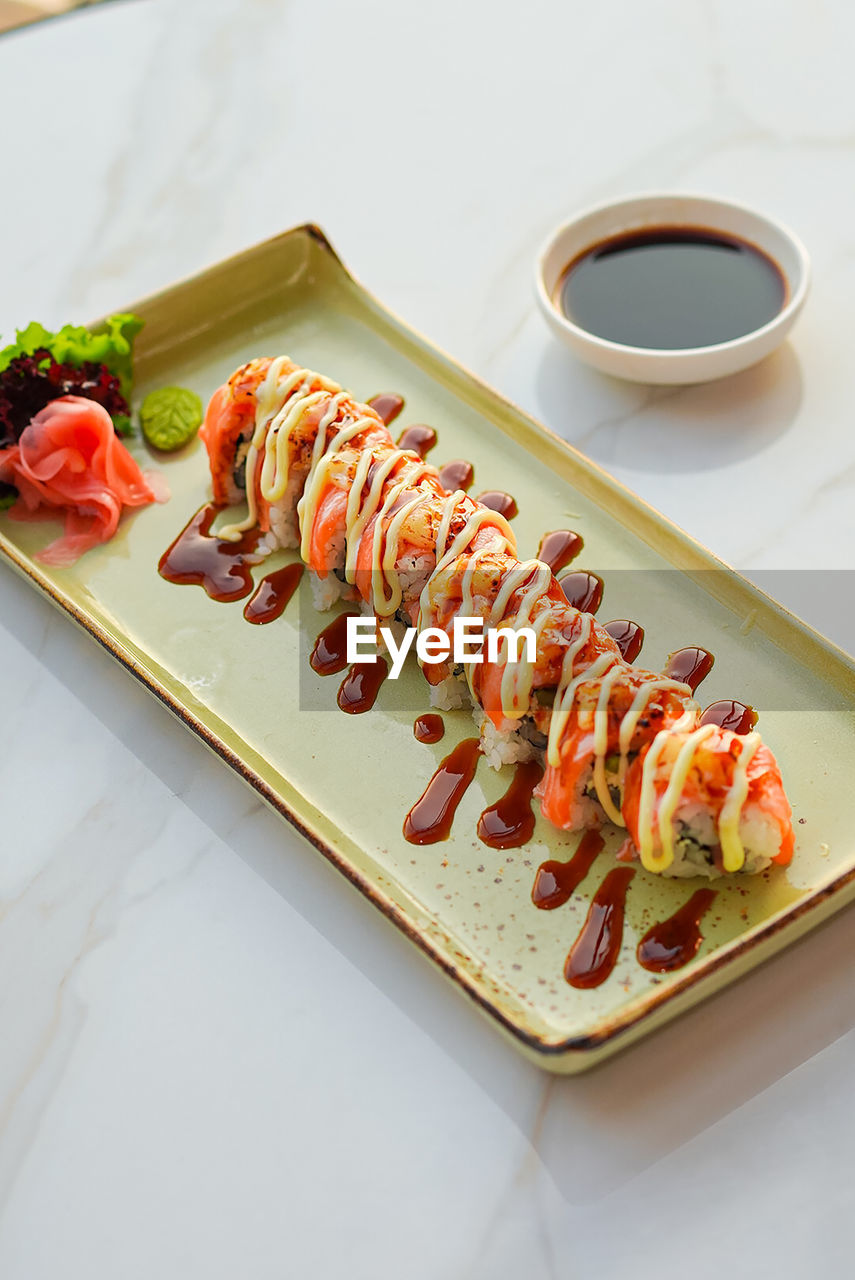 close-up of sushi in plate