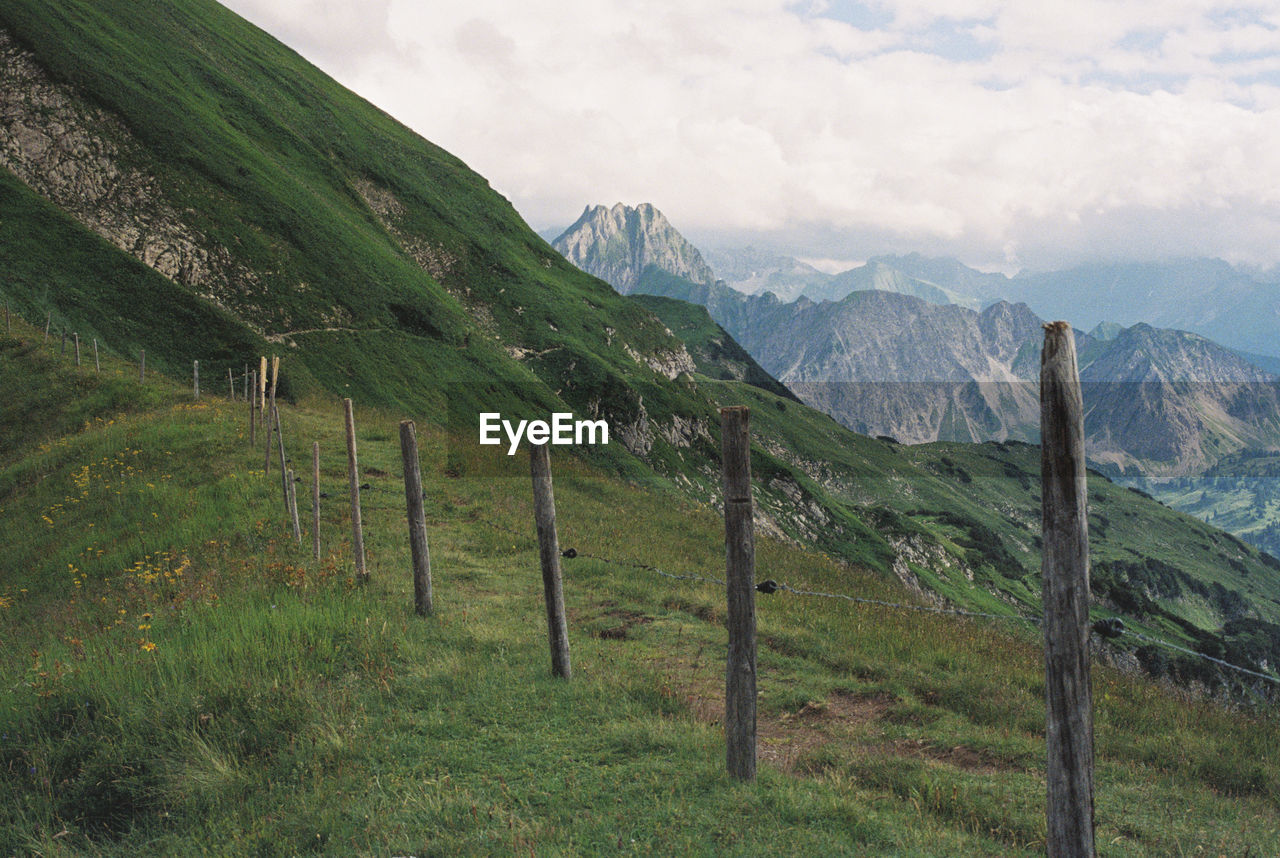 Scenic view of mountains against sky near oberstdorf, germany. shot on 35mm kodak portra 800 film.