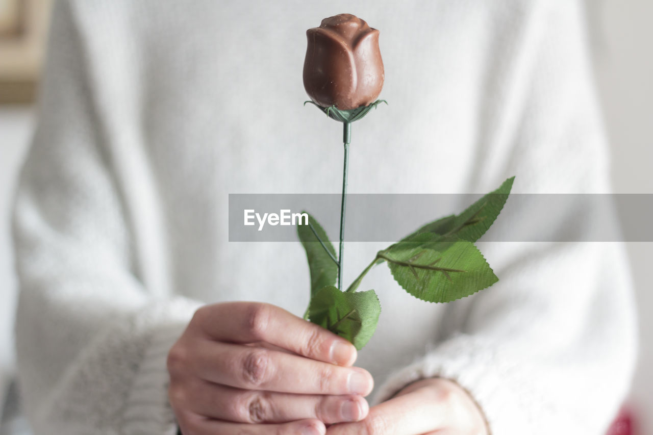 Woman holding chocolate rose. valentine's day concept