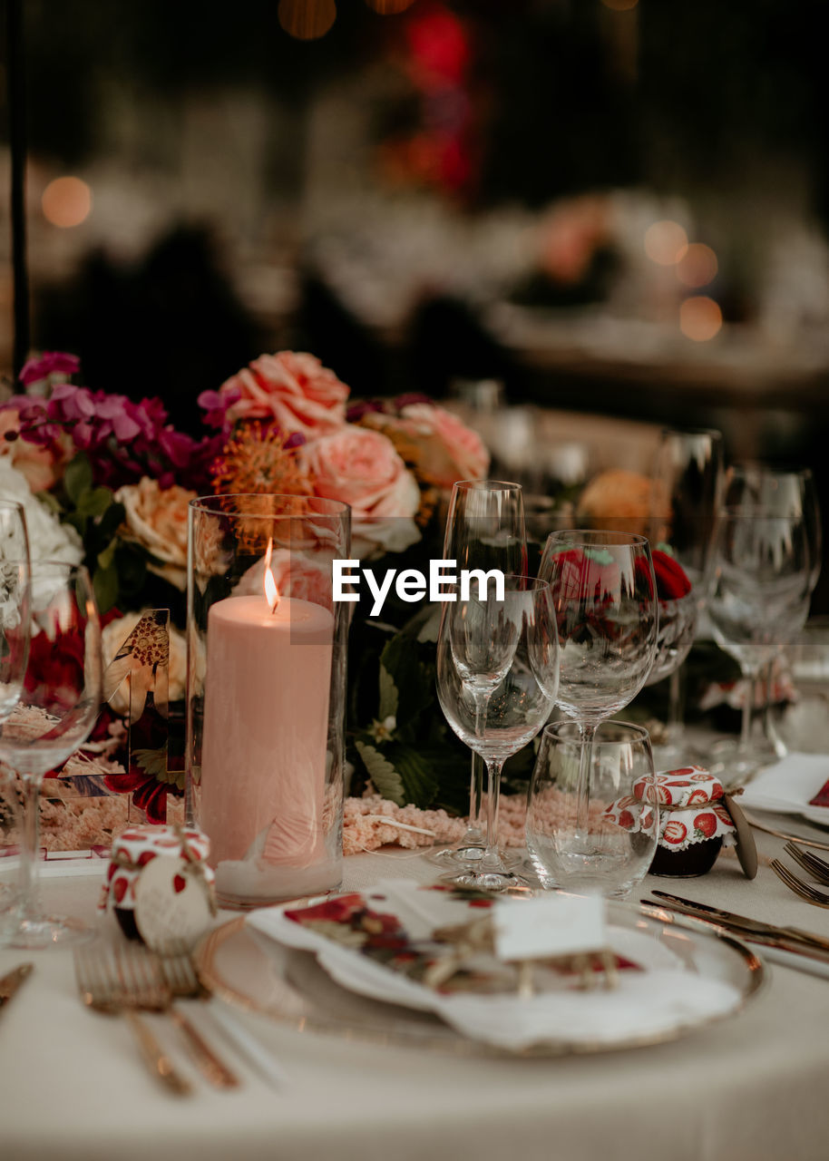 High angle view of place setting on table in restaurant