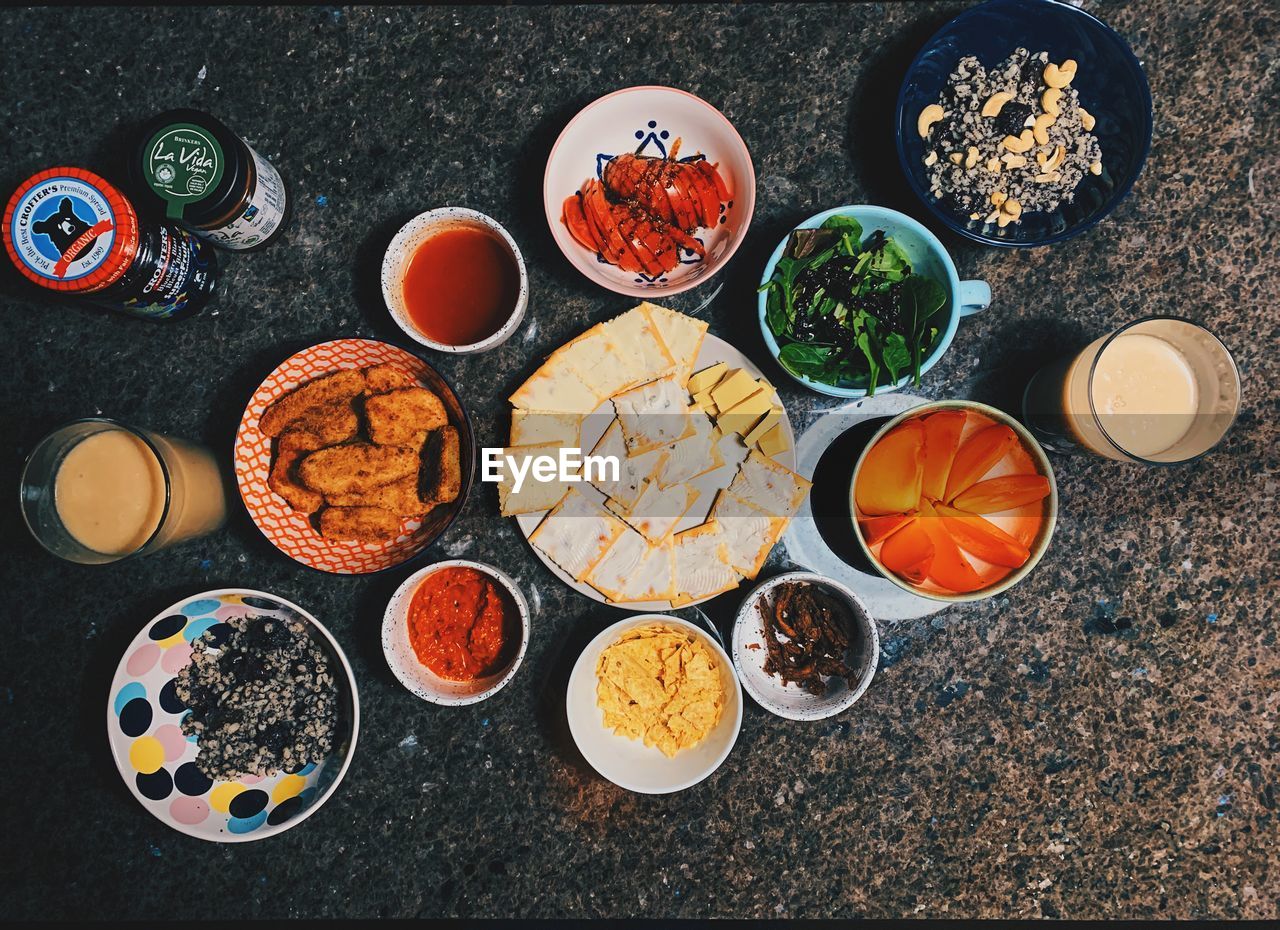 High angle view of breakfast on table