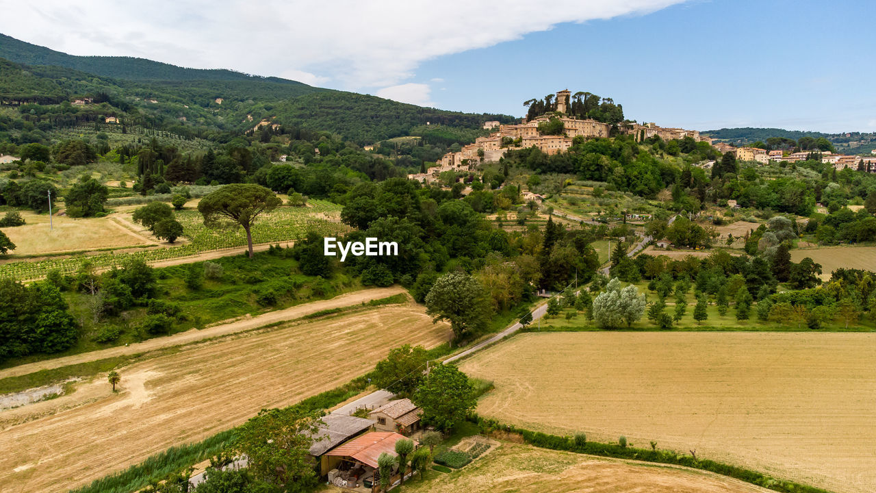 Stunning aerial view of the medieval tuscan village of cetona.