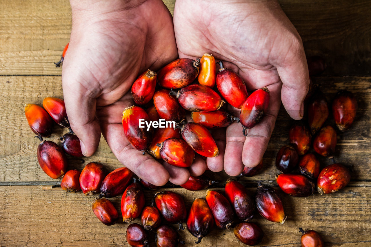 Cropped hands of person holding fruits at table