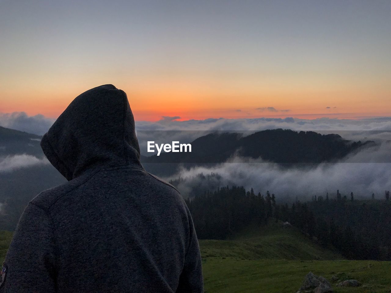 Rear view of man looking at mountain against sky