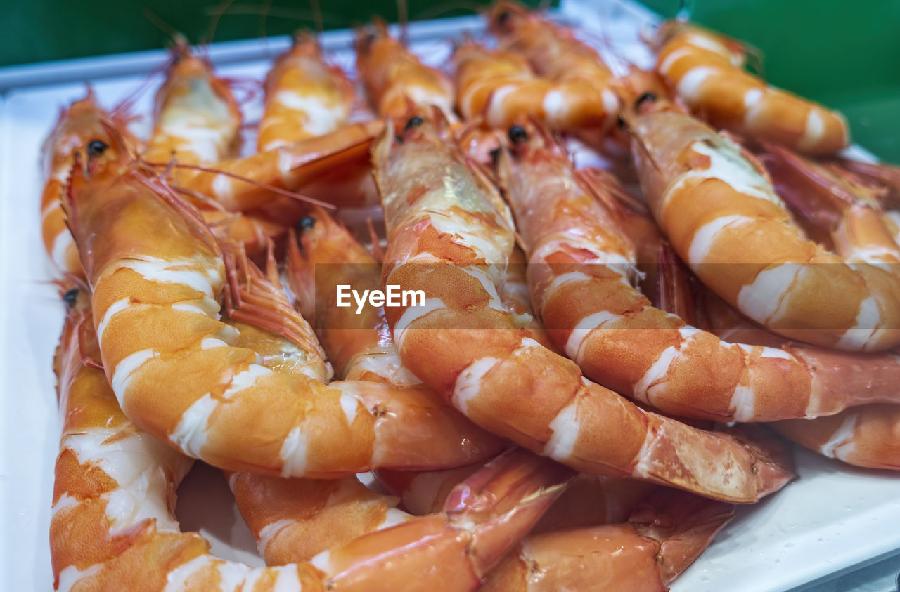 Close-up of freshly cooked shrimps for sale