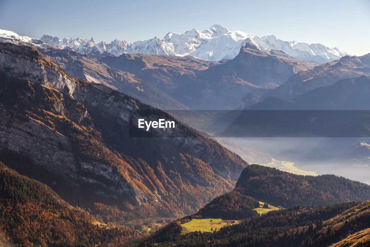Scenic view of mountain range against clear sky