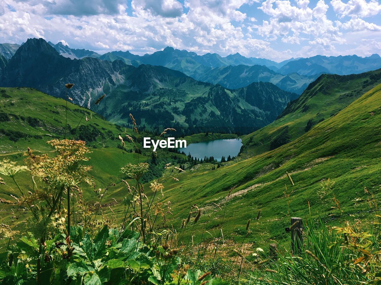 Scenic view of field and mountains against sky