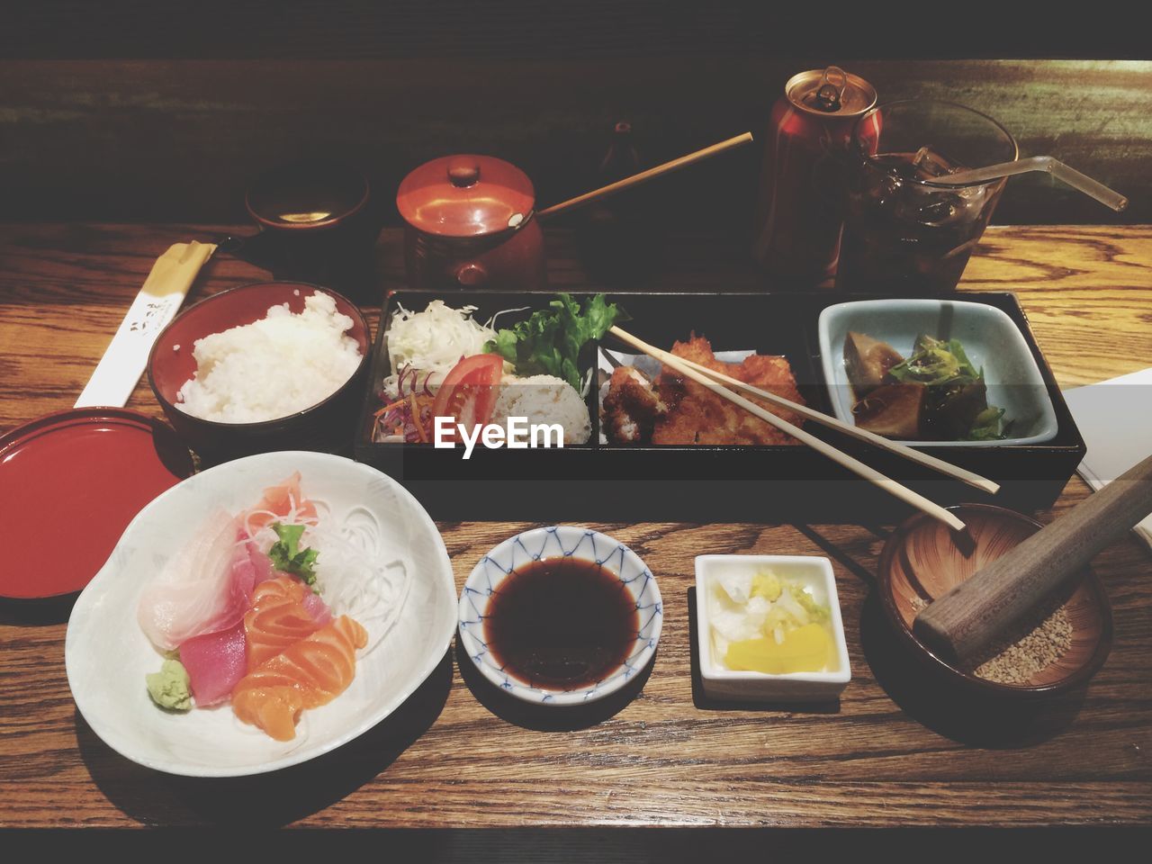 High angle view of japanese food served on table