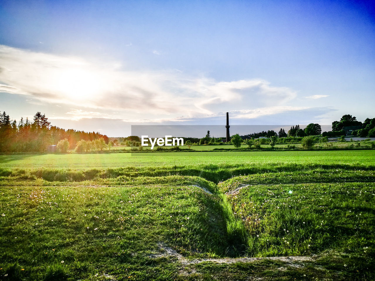 Scenic view of grassy field against cloudy sky