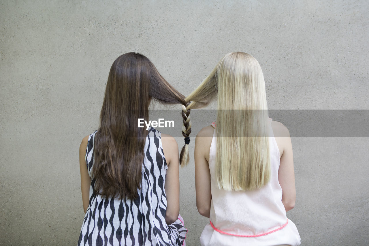 Back view of two long-haired girls with one braid