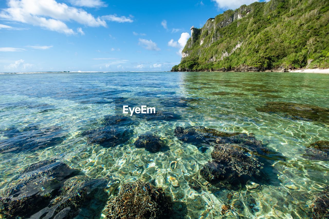 SCENIC VIEW OF SEA AND ROCKS AGAINST SKY