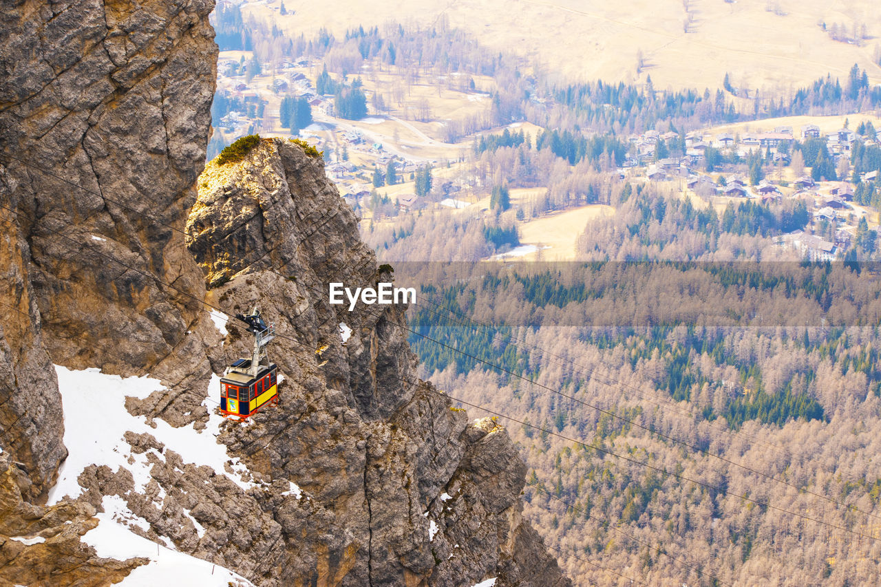 Scenic view of mountains against sky and cable car