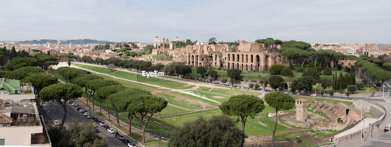 Ancient roman hippodrome theater circus maximus and palatine hill palace ruins, in rome, italy