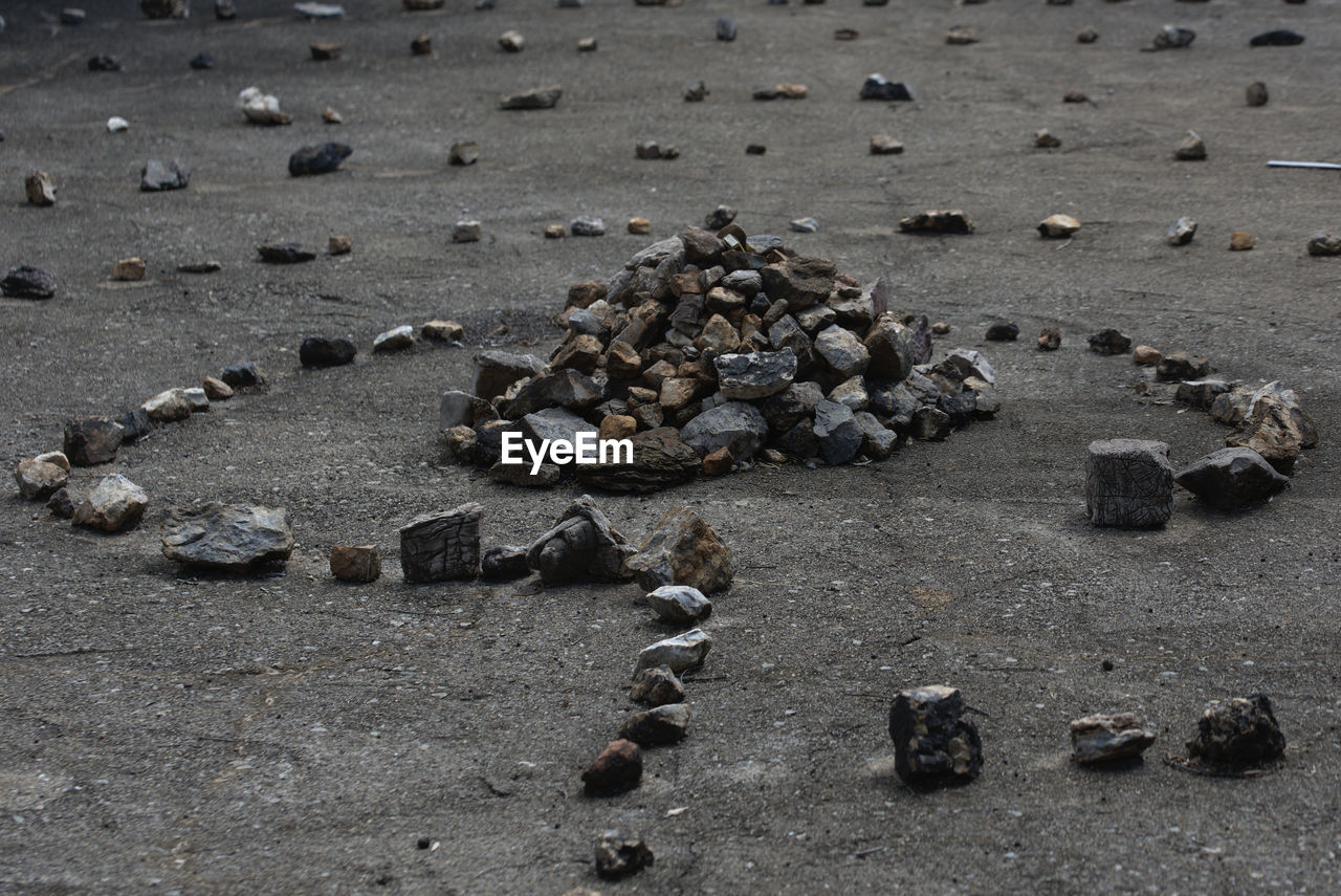 HIGH ANGLE VIEW OF STONES ON SHORE